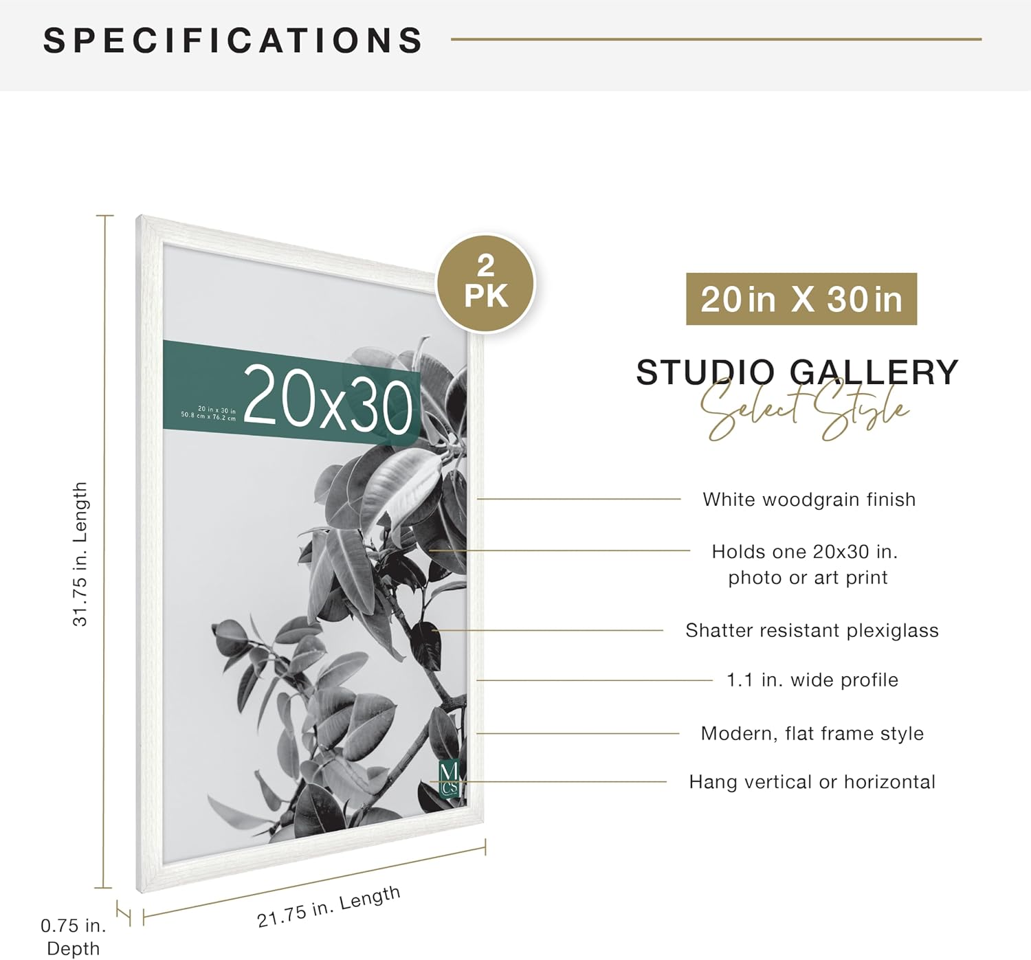MCS Studio Gallery Poster Frame, 20x30, White Woodgrain, 2-Pack |