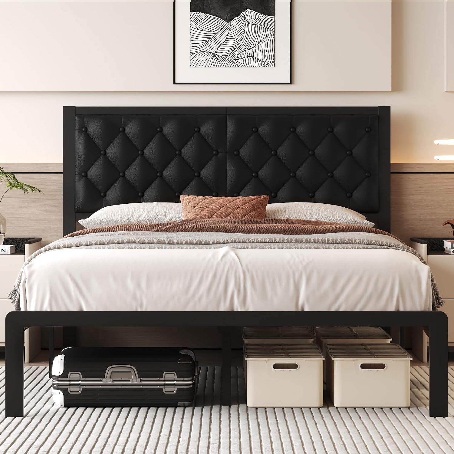 Fluest Bed Frame with Headboard PU Leather Upholstered Bed Frame, Queen, Black