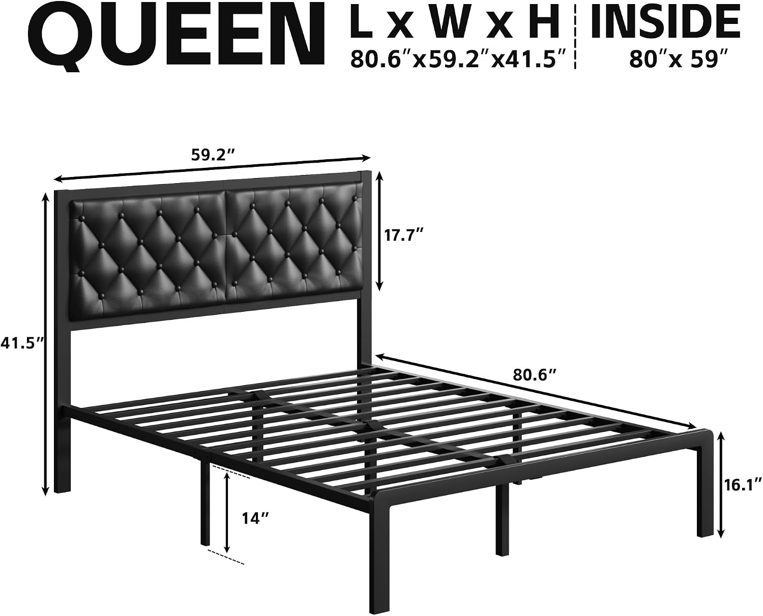 Fluest Bed Frame with Headboard PU Leather Upholstered Bed Frame, Queen, Black