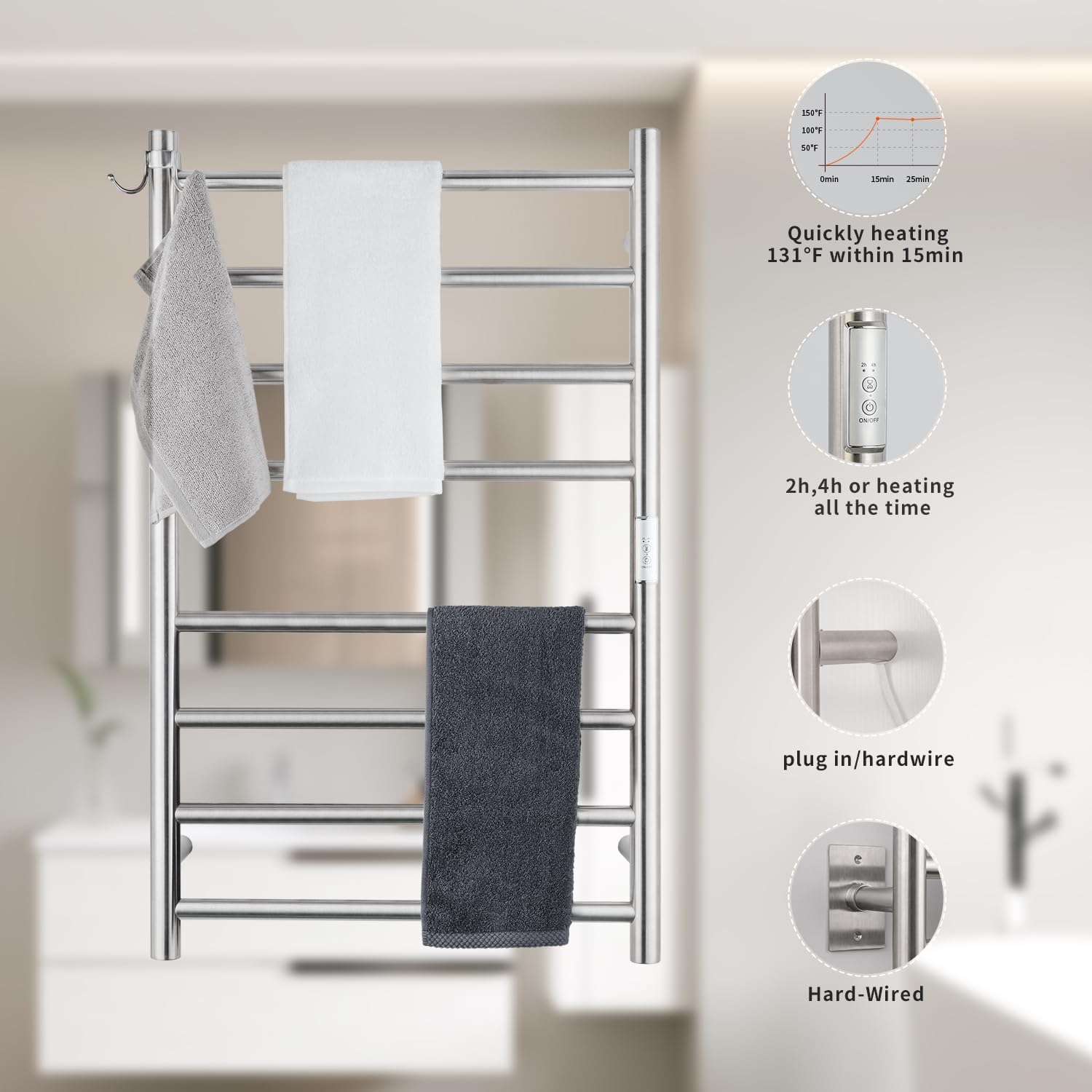 8-Bar Wall-Mounted Towel Warmer, Plug/Hardwired, 3 Timers