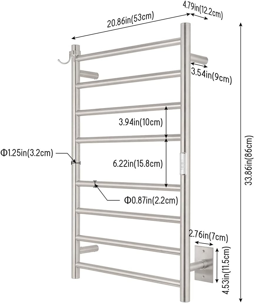 8-Bar Wall-Mounted Towel Warmer, Plug/Hardwired, 3 Timers