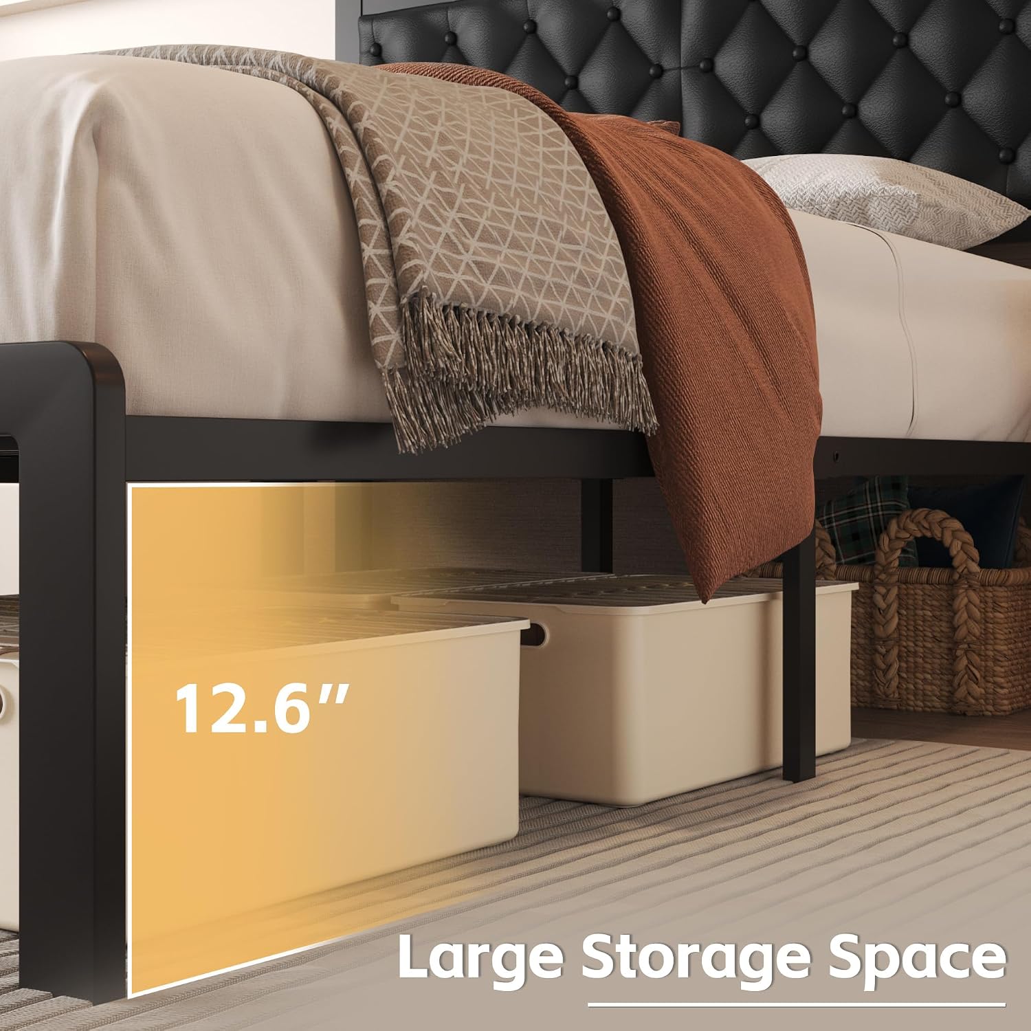 Fluest Bed Frame with Headboard PU Leather Upholstered Bed Frame, Queen, Black