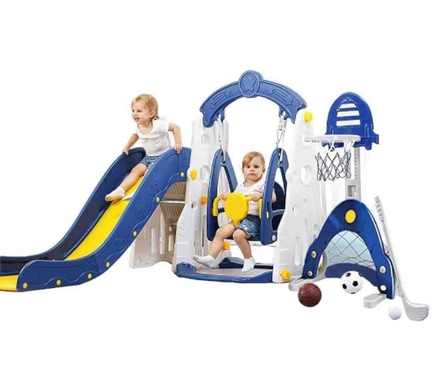 EAQ 6-in-1 Slide and Swing Set with Basketball Hoop, Large, Blue