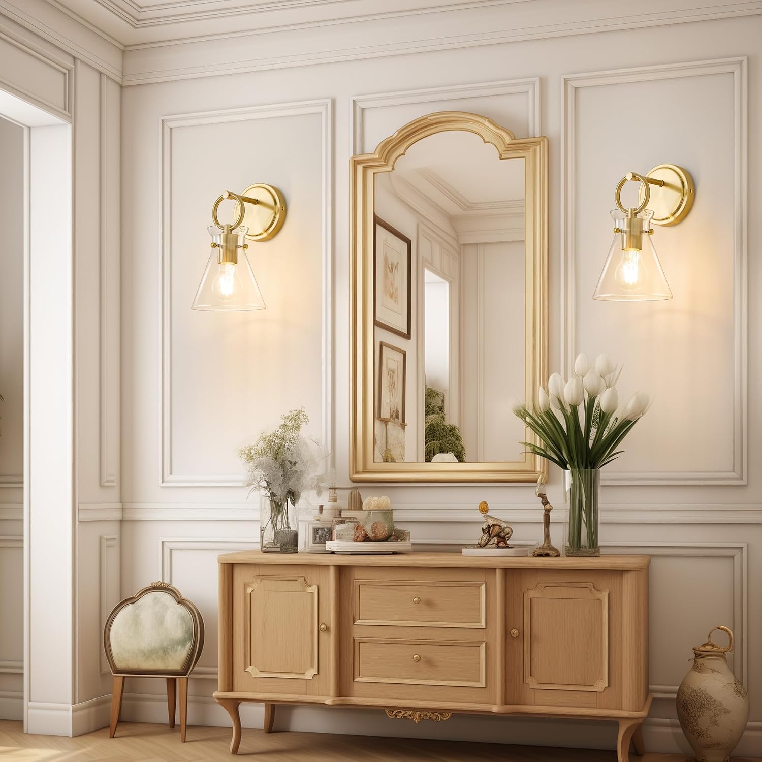 Gold Wall Sconces Set of 2 Vanity Light Fixture for Bathroom, 6'' Clear Glass