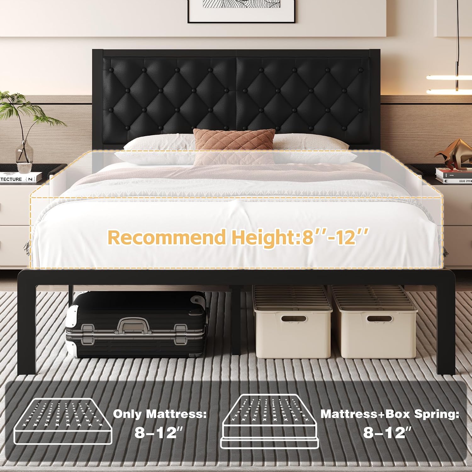 Fluest Bed Frame with Headboard PU Leather Upholstered Bed Frame, Queen, Black