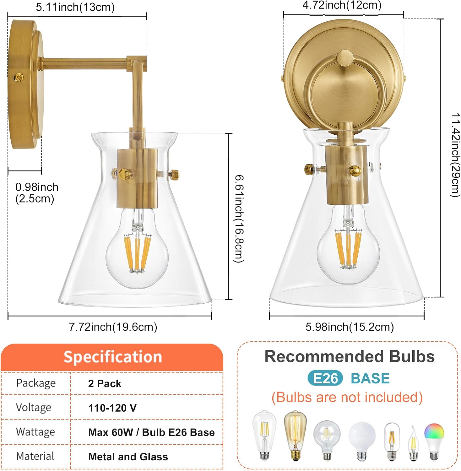 Gold Wall Sconces Set of 2 Vanity Light Fixture for Bathroom, 6'' Clear Glass