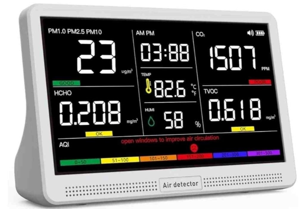 Ynak 16 in 1 Air Quality Monitor Indoor 7" Display 9 AQI+7 AQI Alerts Air Quality Meter for CO2