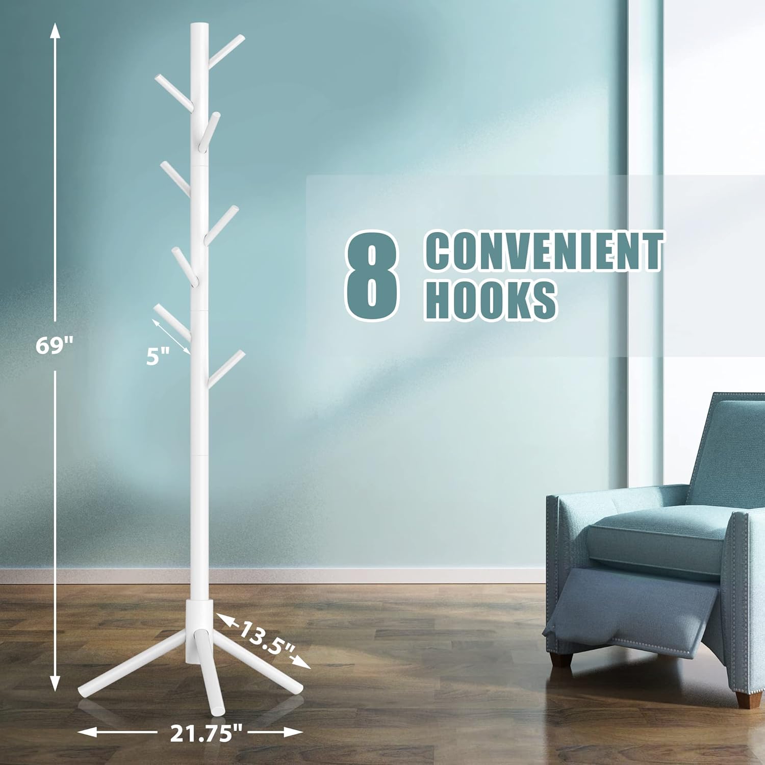 Haddockway Wooden Coat Rack Stand with 8 Hooks, WHITE