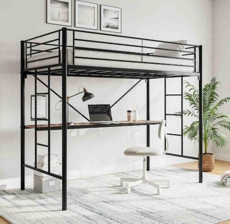 JURMERRY Metal Loft Bed with Desk & 2 Built-in Ladders