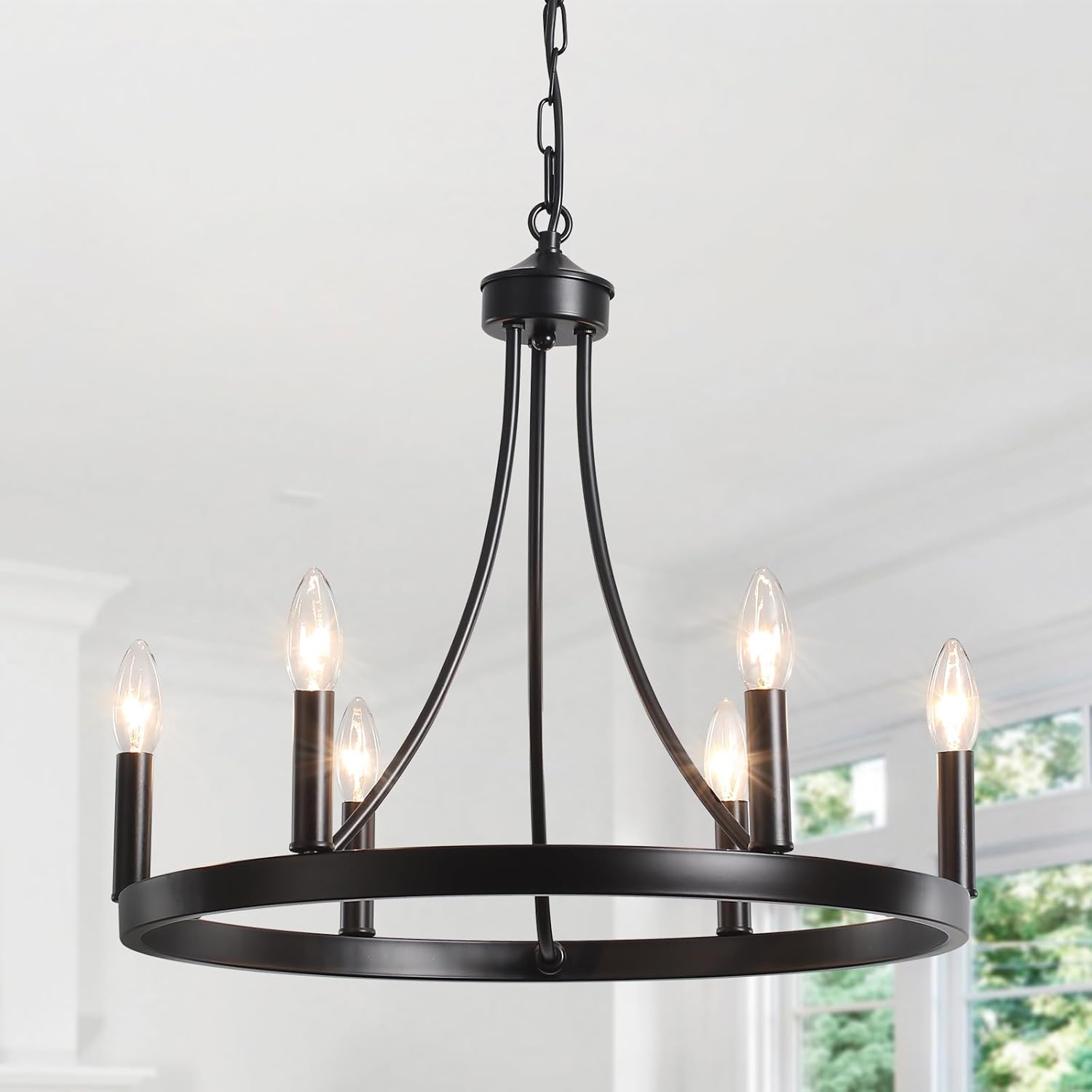 Wagon Wheel Chandelier 6 Lights Black Farmhouse
