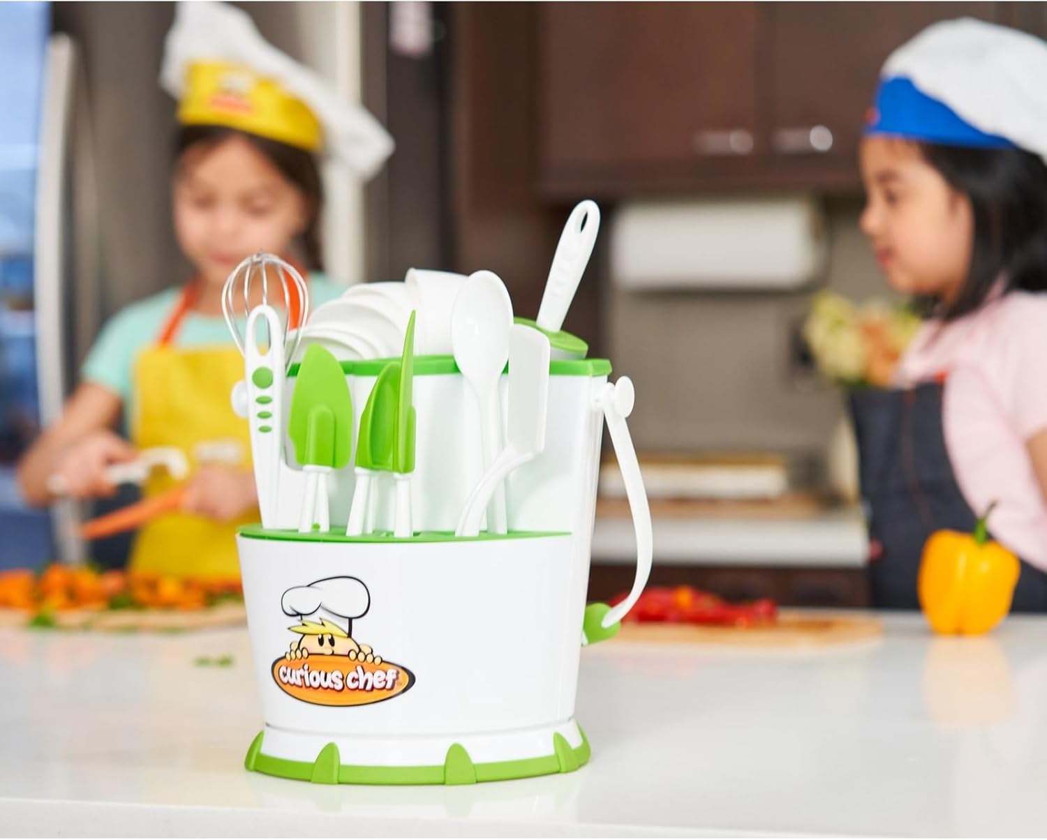 Curious Chef 30-Piece Caddy Collection Cookware, White/Green