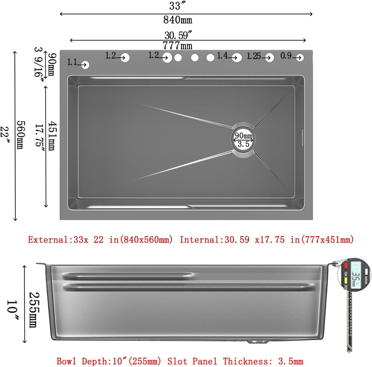 Kitchen Sink 304 Stainless Steel Single Bowl Kitchen Sinks, 33 x 22 inch.