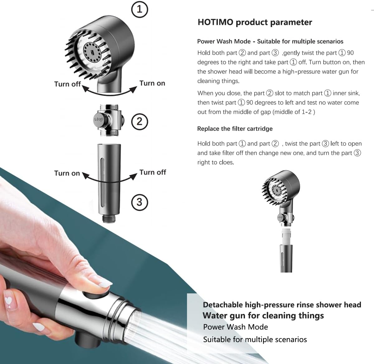 HOTIMO Filtered Shower Head with Handheld - 75" Anti-Burst Hose