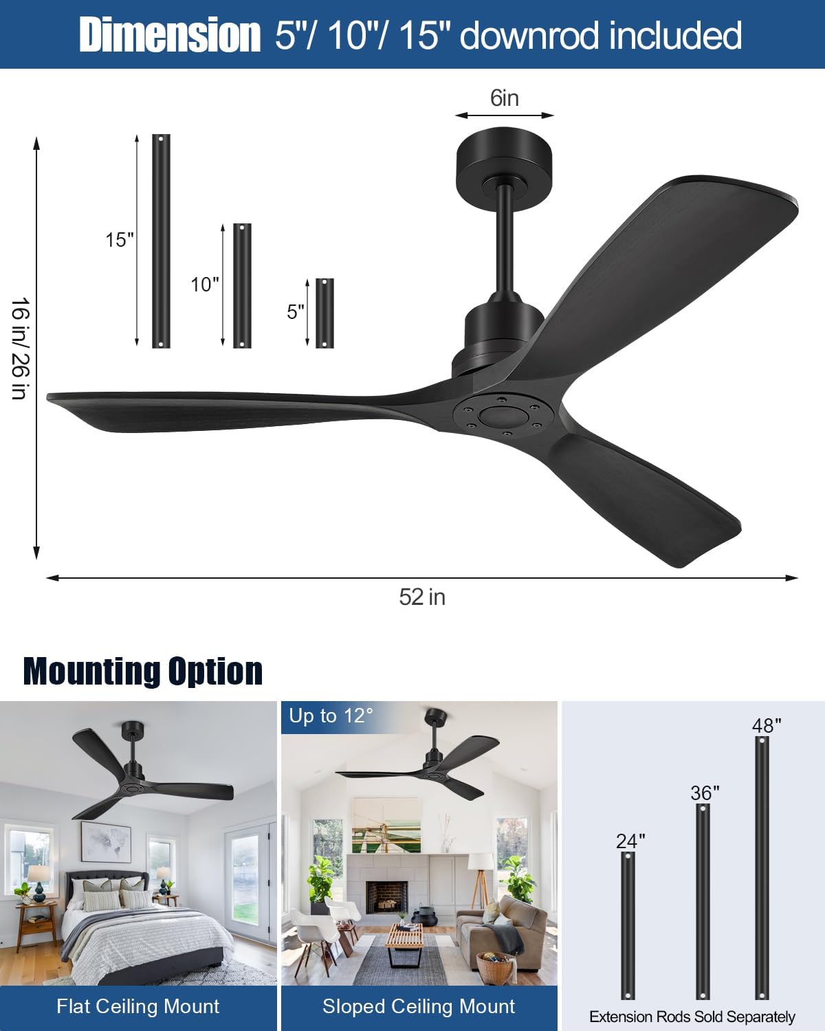 Forrovenco 52"Ceiling Fans without Lights Outdoor Ceiling Fans with Remote MatteBlack