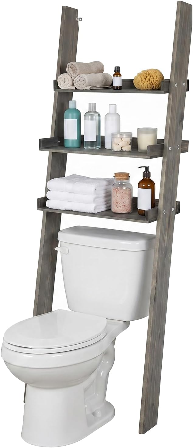 Toilet Storage Ladder Shelf, 3 Tier Wood Bathroom Organizer Gray