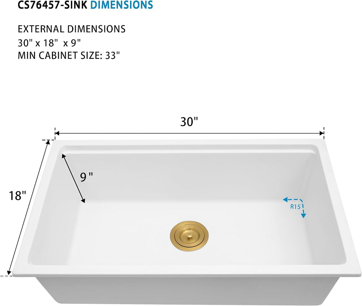 YAQUN, 30" Undermount Kitchen Sink, Deep Workstation Granite Composite Single Bowl Kitchen Sink, White
