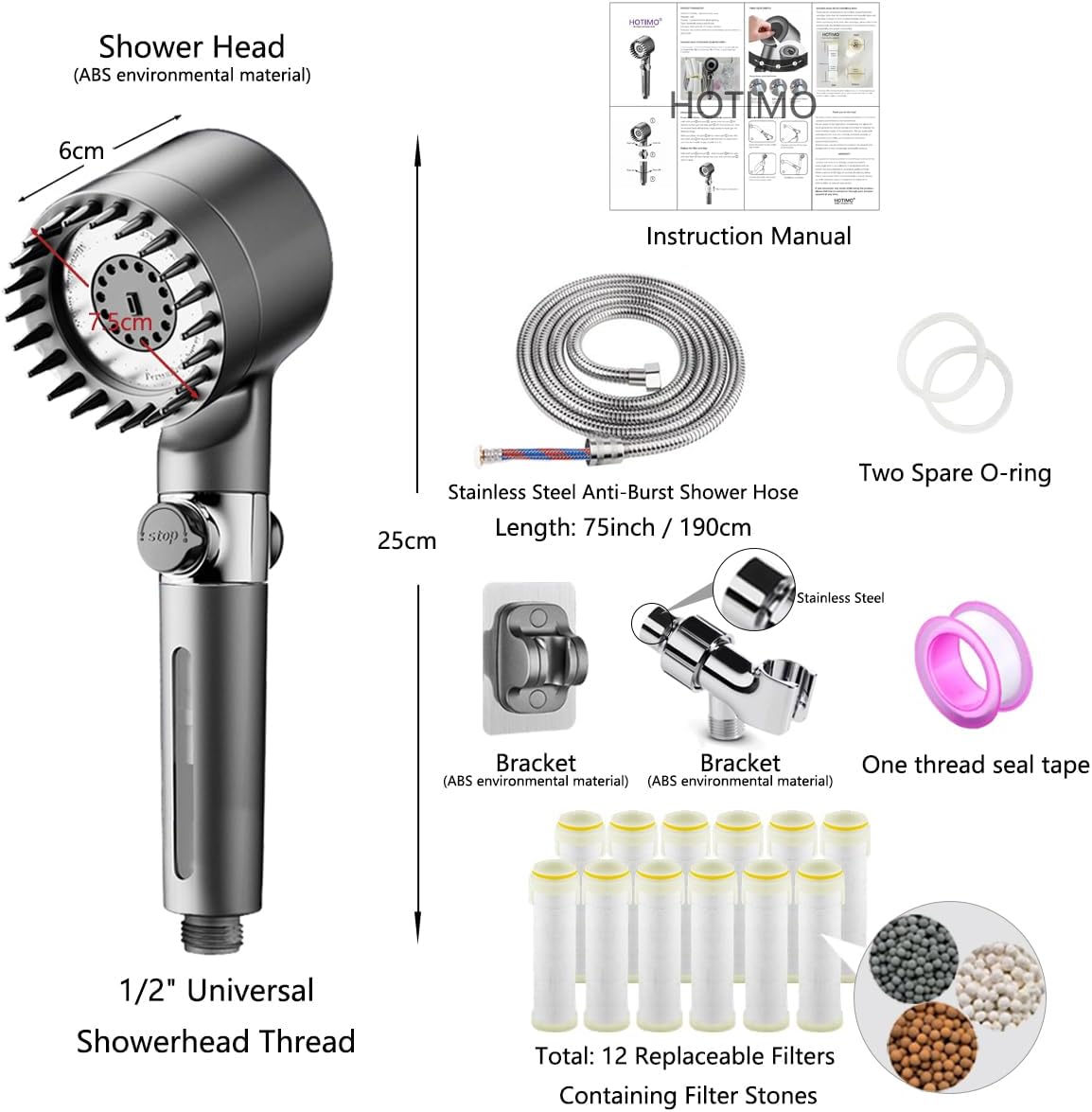 HOTIMO Filtered Shower Head with Handheld - 75" Anti-Burst Hose
