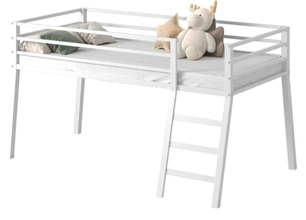 Loft Bed Twin Size, Low Junior Metal Twin Loft Bed with Stairs and Safety Guard,