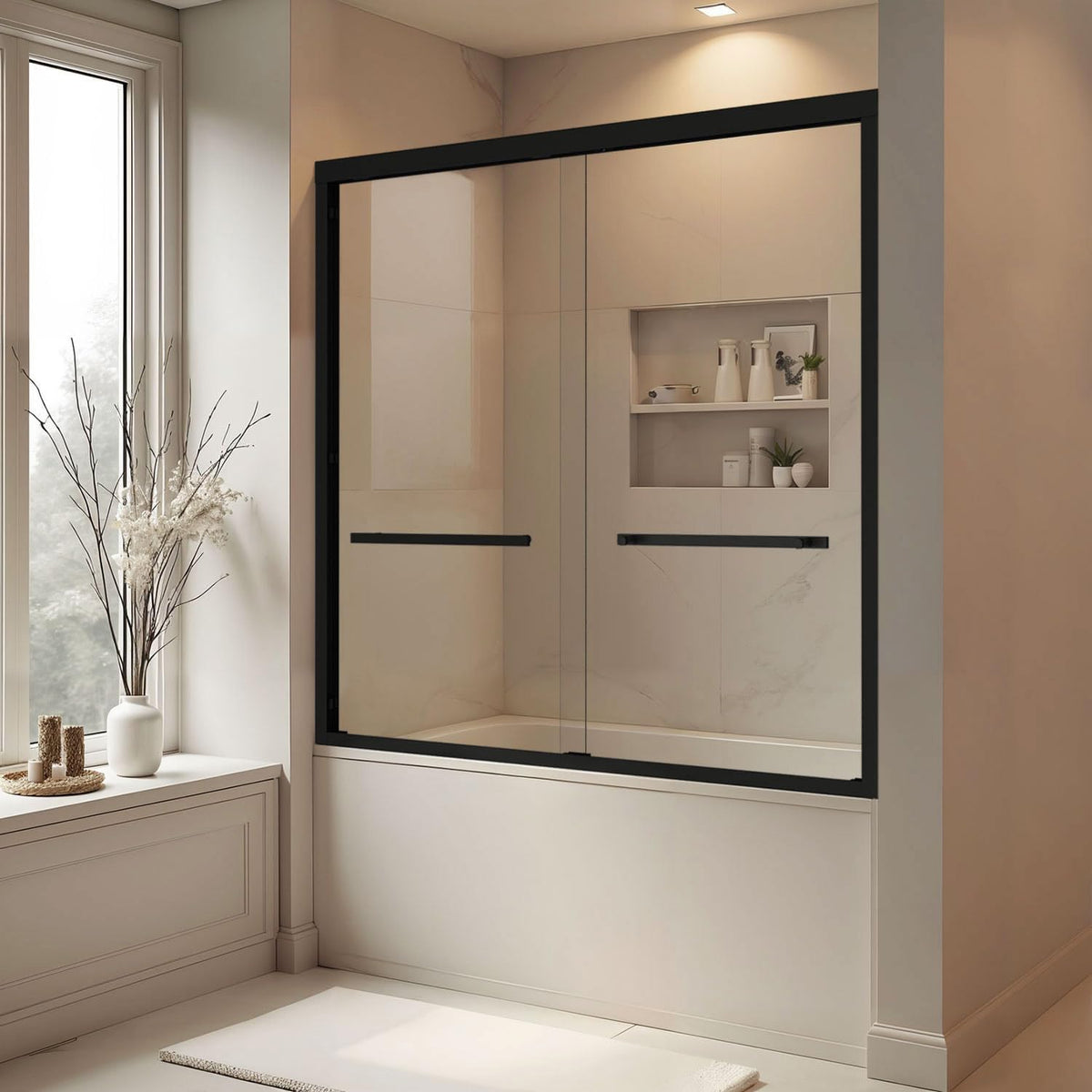 Double Sliding Shower Door Matte Black, Botwinkle 56-60" W x 58"