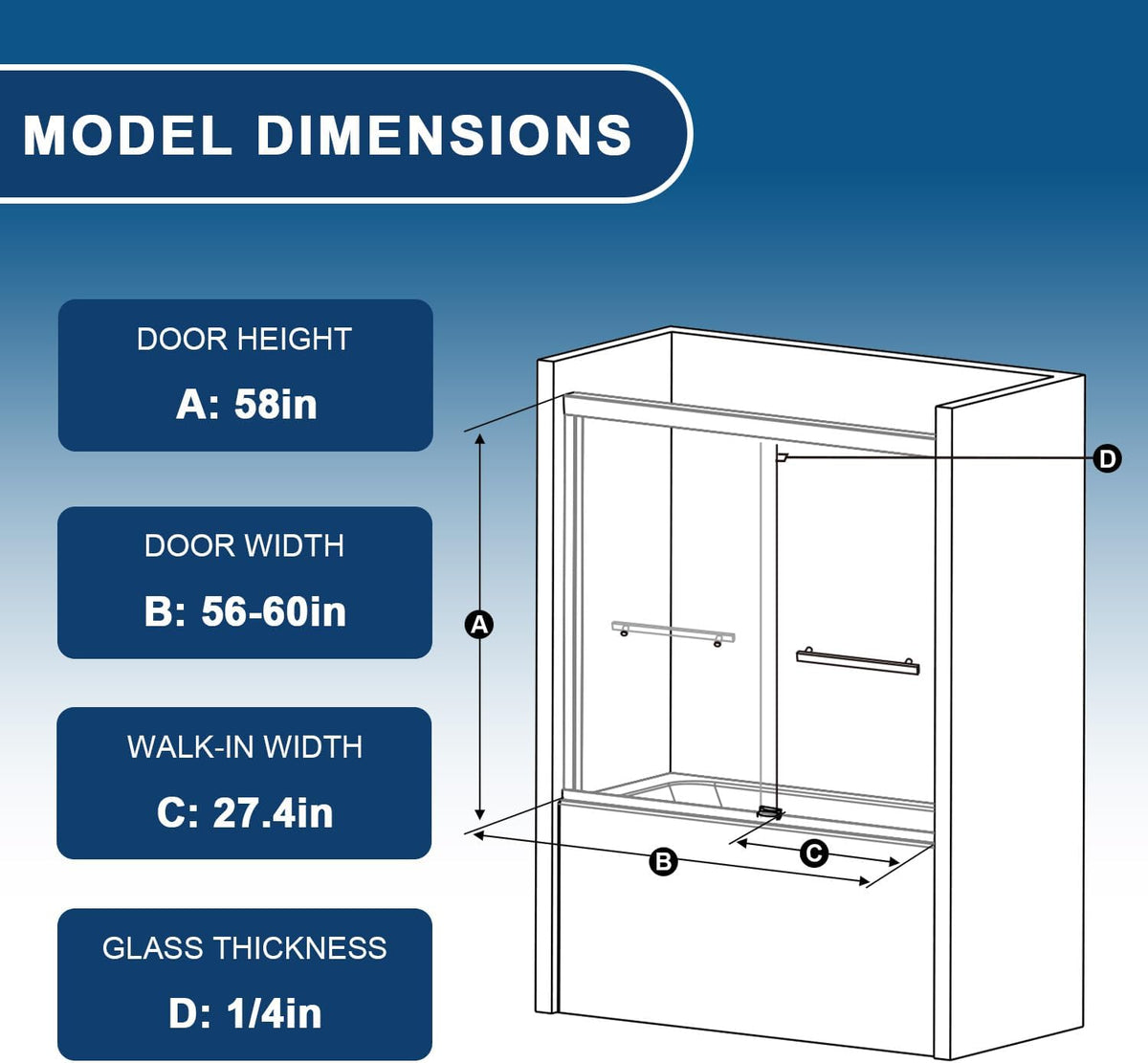 Double Sliding Shower Door Matte Black, Botwinkle 56-60" W x 58"