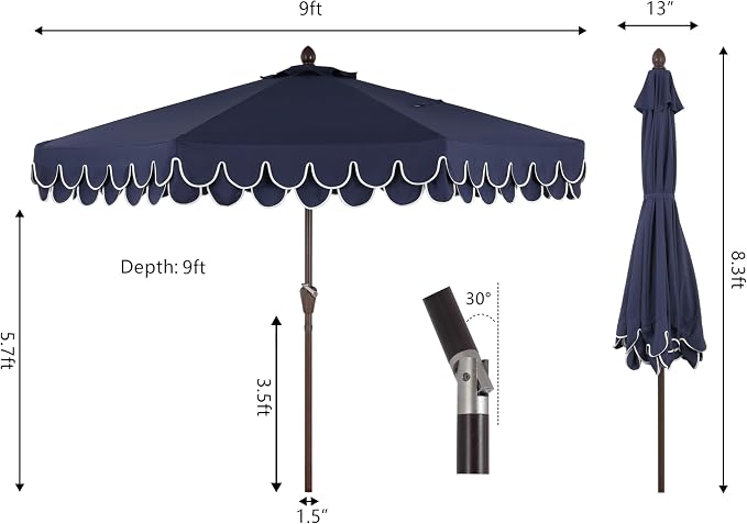 Tracy 9 ft. Classic MidCentury Scalloped Fringe Market Patio Umbrella, UMB1002B NAVY