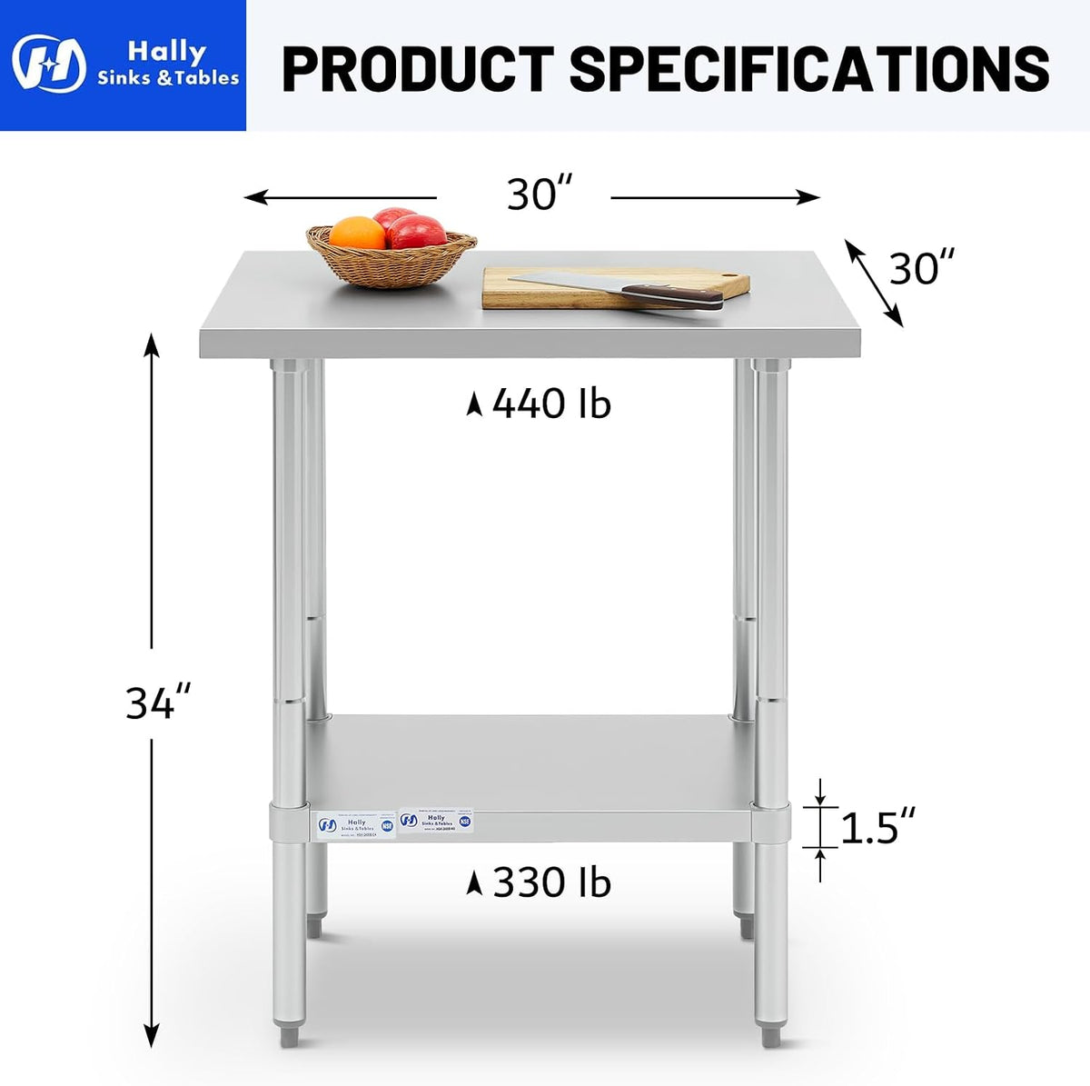 Hally Stainless Steel Table 30"x30", Restaurant & BBQ station, HSW-3030SB