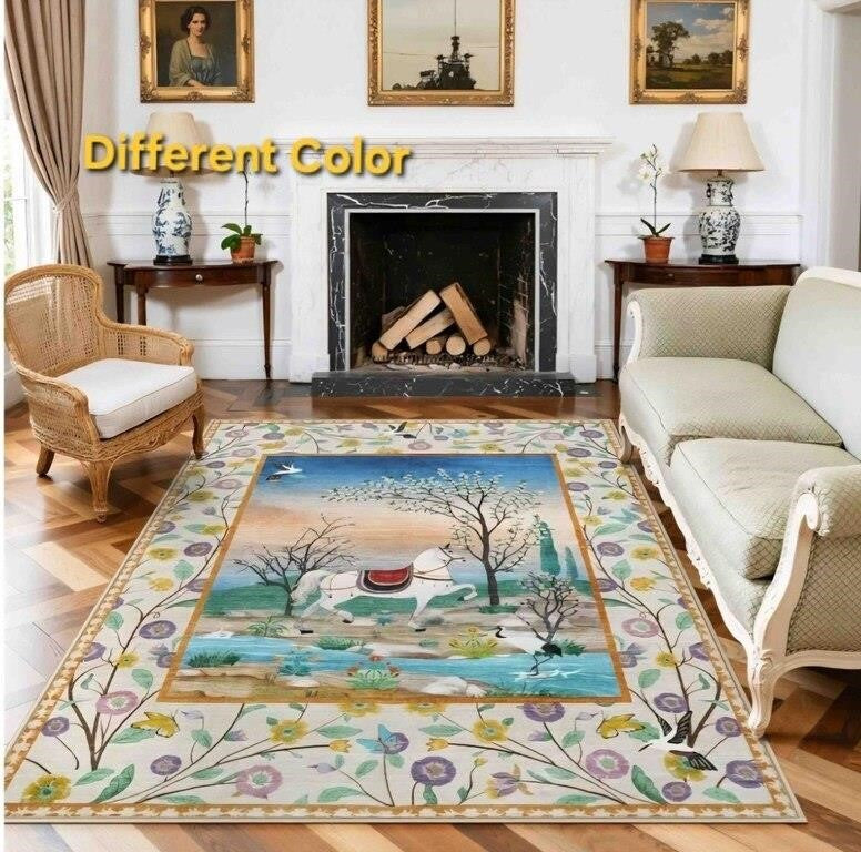 LIVEBOX Green Rug for Living Room Washable, 5x7 Horse Forest Floral Area Rug for Bedroom