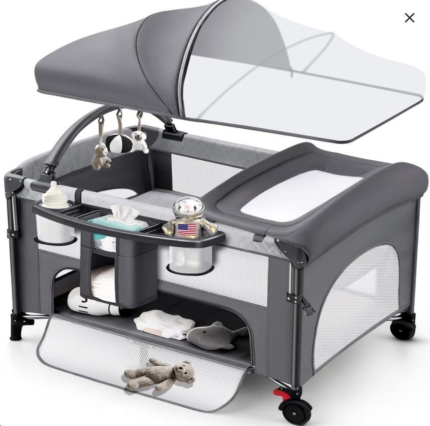 YoYiCuna 4 in 1 Pack n Play with One-Hand Setup, Comes with Mattress, GREY