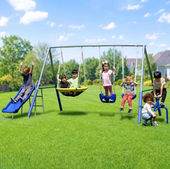 Taylor 700Lbs Metal Swing Set with Slide, Teeter-Totter & Saucer for Kids