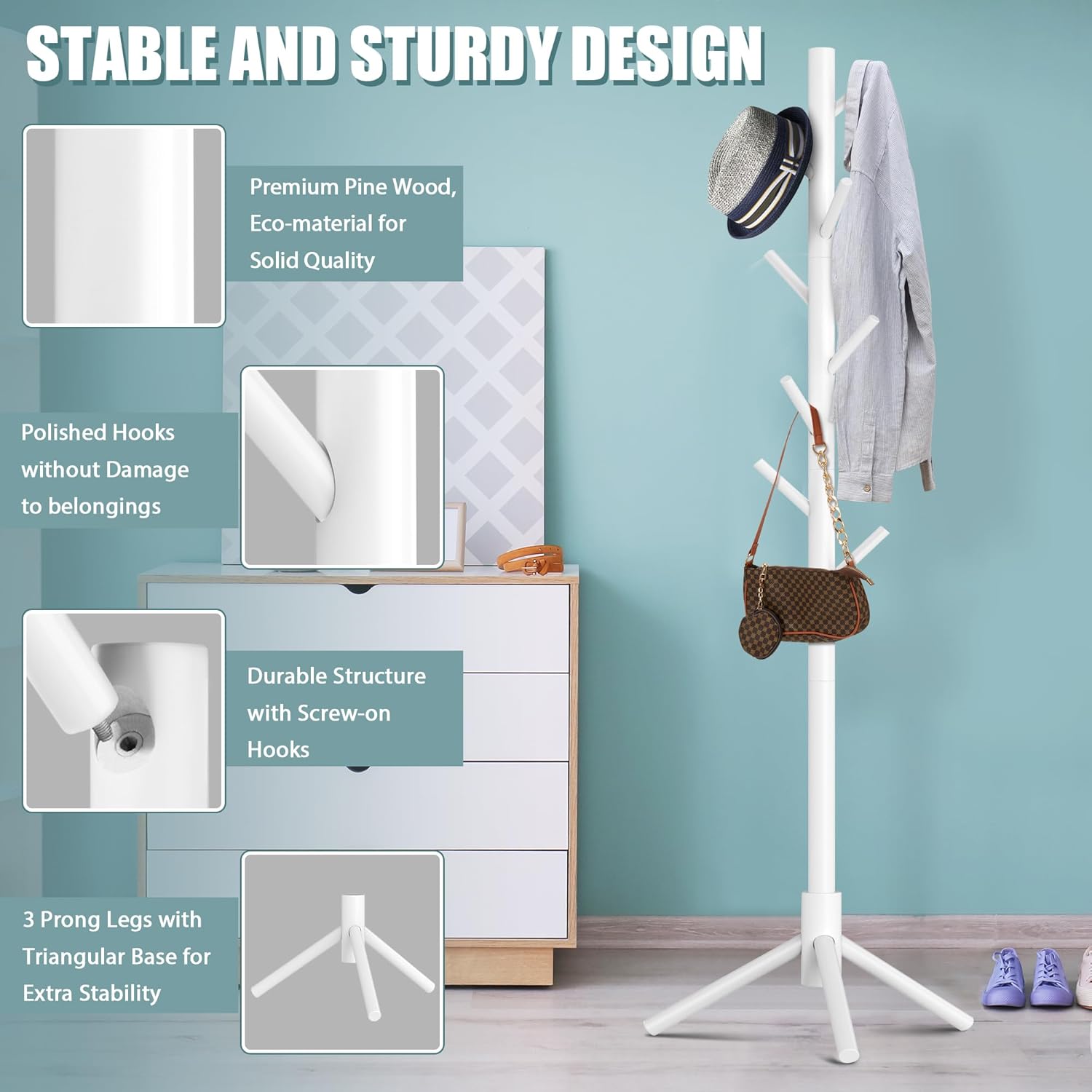 Haddockway Wooden Coat Rack Stand with 8 Hooks, WHITE