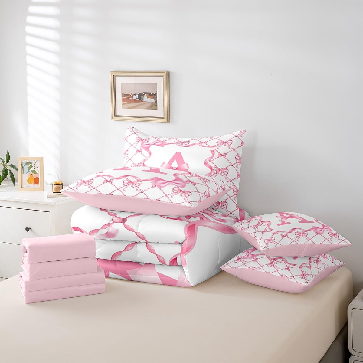 Erosebridal Bow Gifts Preppy Bed in A Bag Queen Size 7pcs