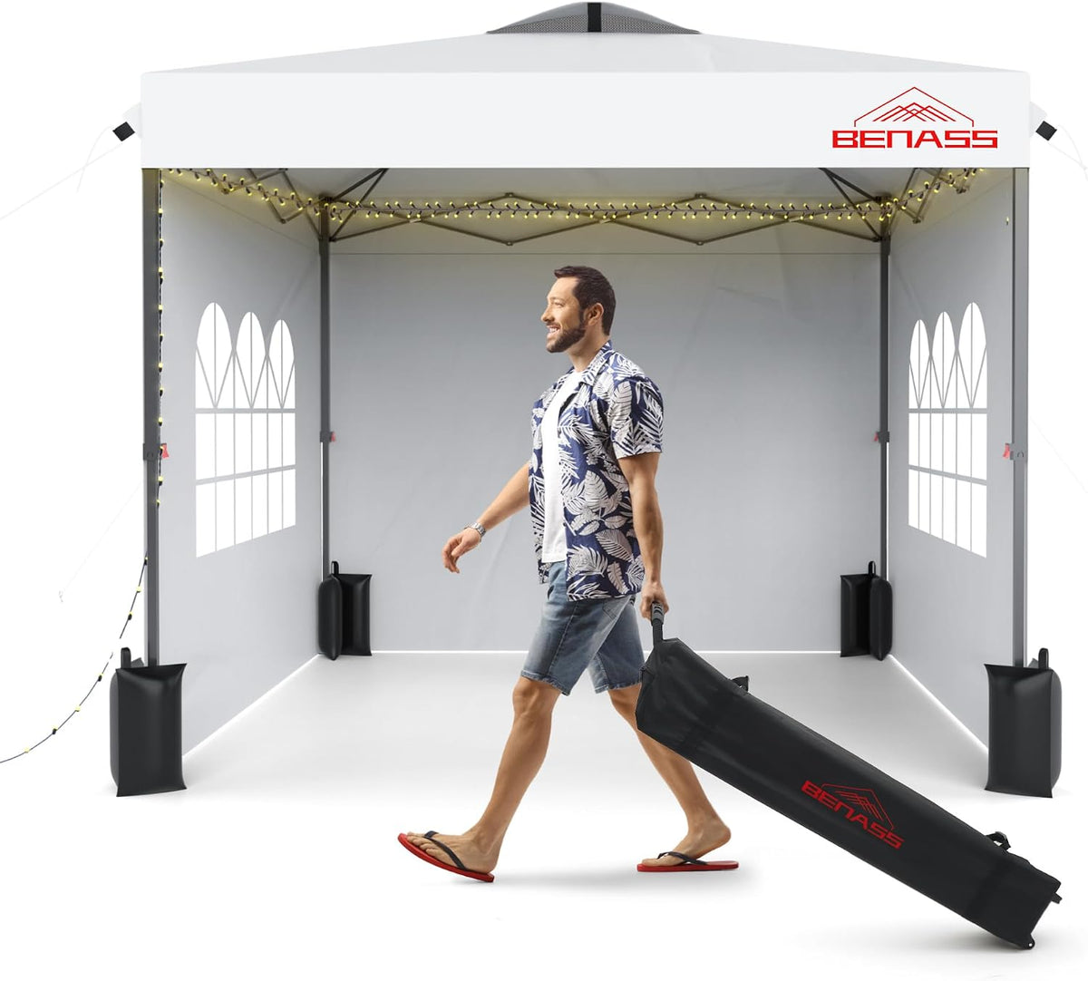 Benass 10x10 Pop Up Canopy Tent with 3 Sidewalls, White
