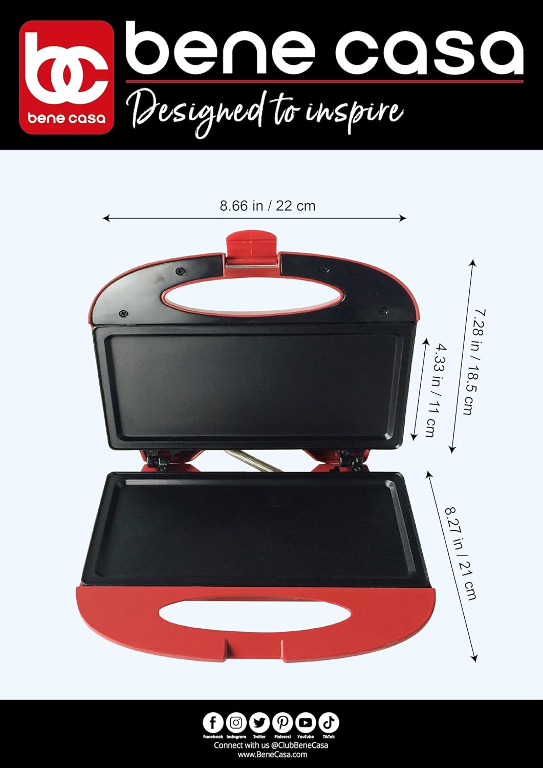BC-98870 Bene Casa - Red Nonstick Flat Grill Sandwich Maker