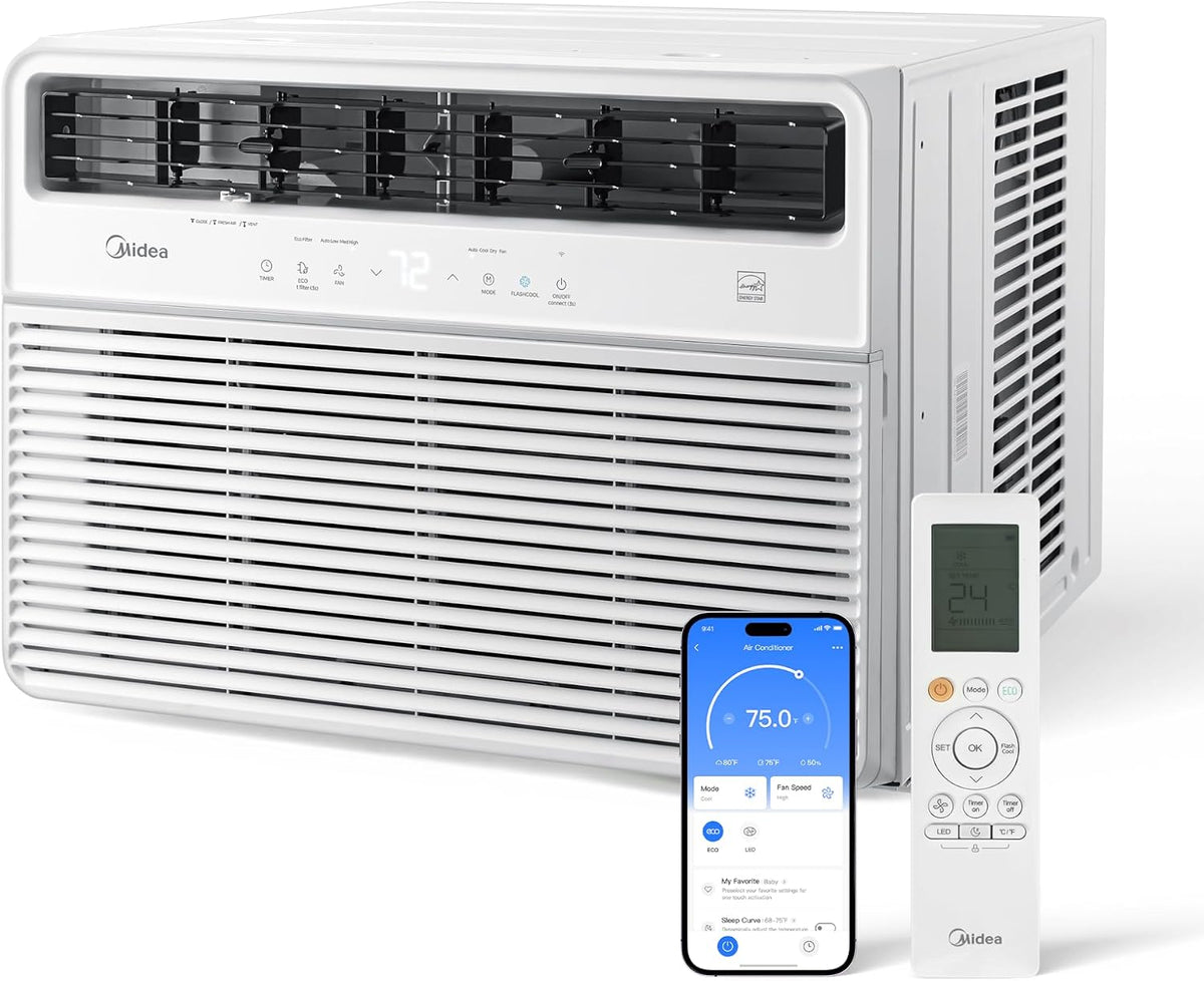 Midea 18,000 BTU Smart Inverter 208/230V Window Air Conditioner with Remote, 1,000 Sq Ft, White
