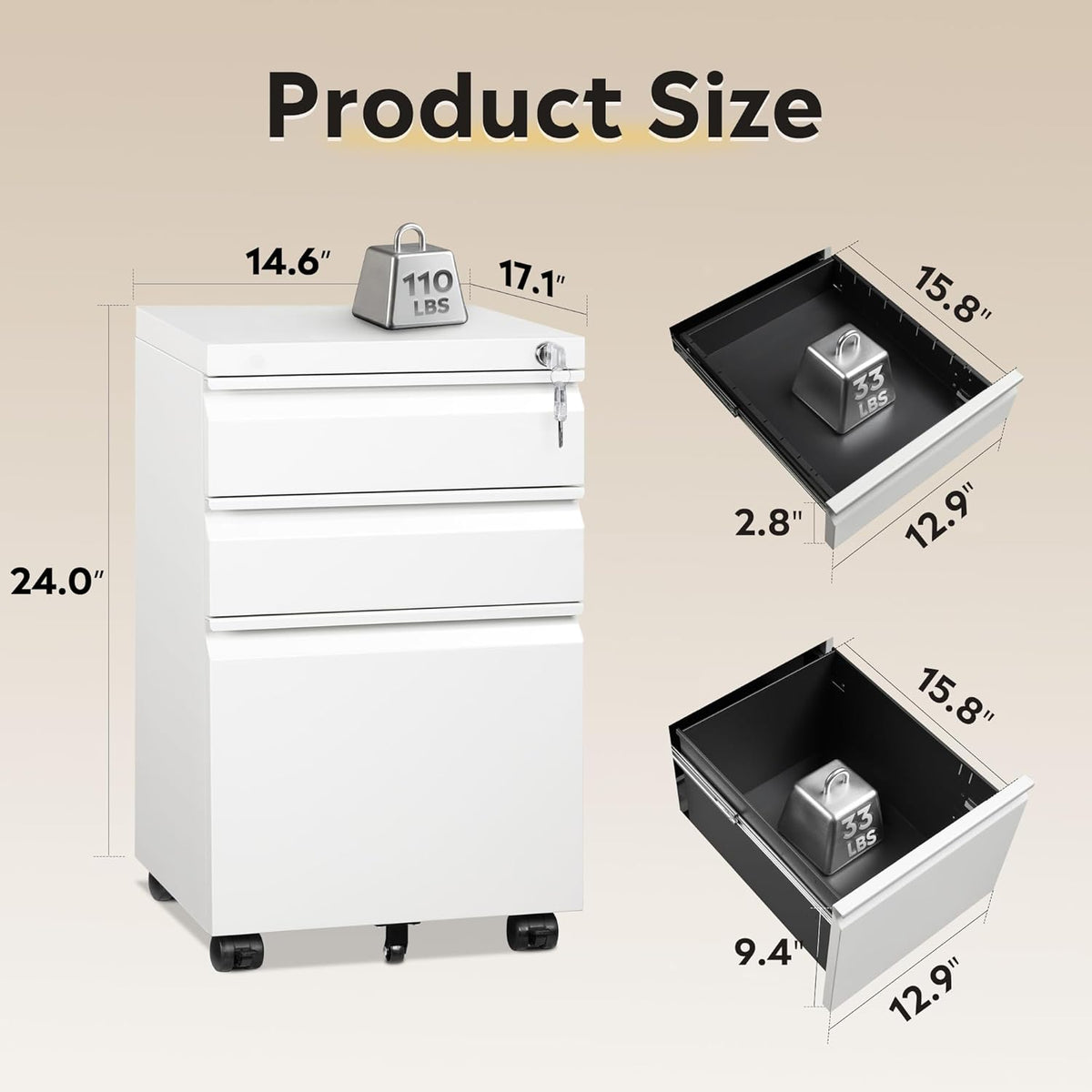 DEVAISE 3 Drawer Mobile File Cabinet Under Desk Office, White, #AHDG021