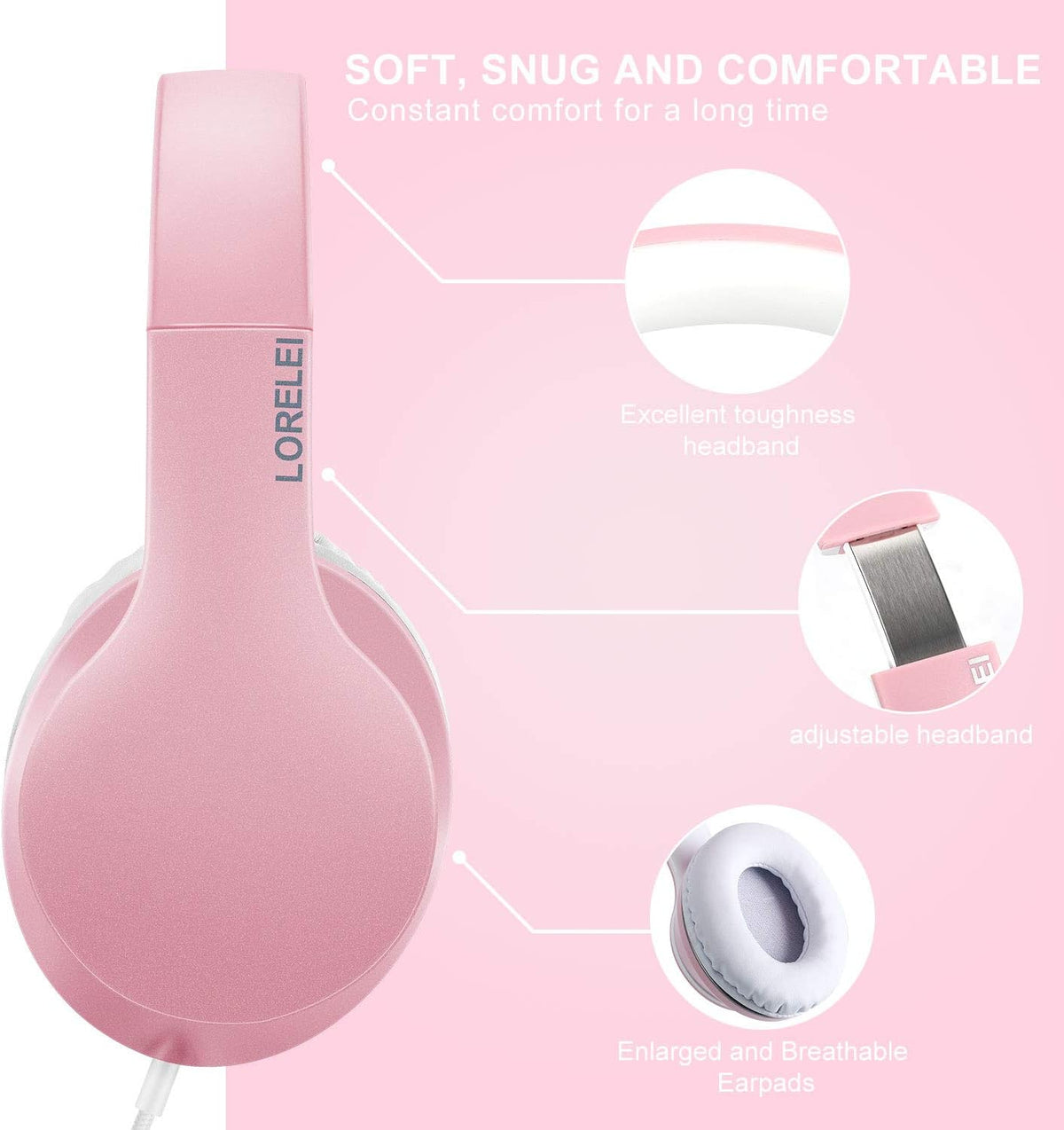 LORELEI X6 Over-Ear Headphones with Microphone, Smartphone Tablet MP3 / 4 (Pearl Pink)
