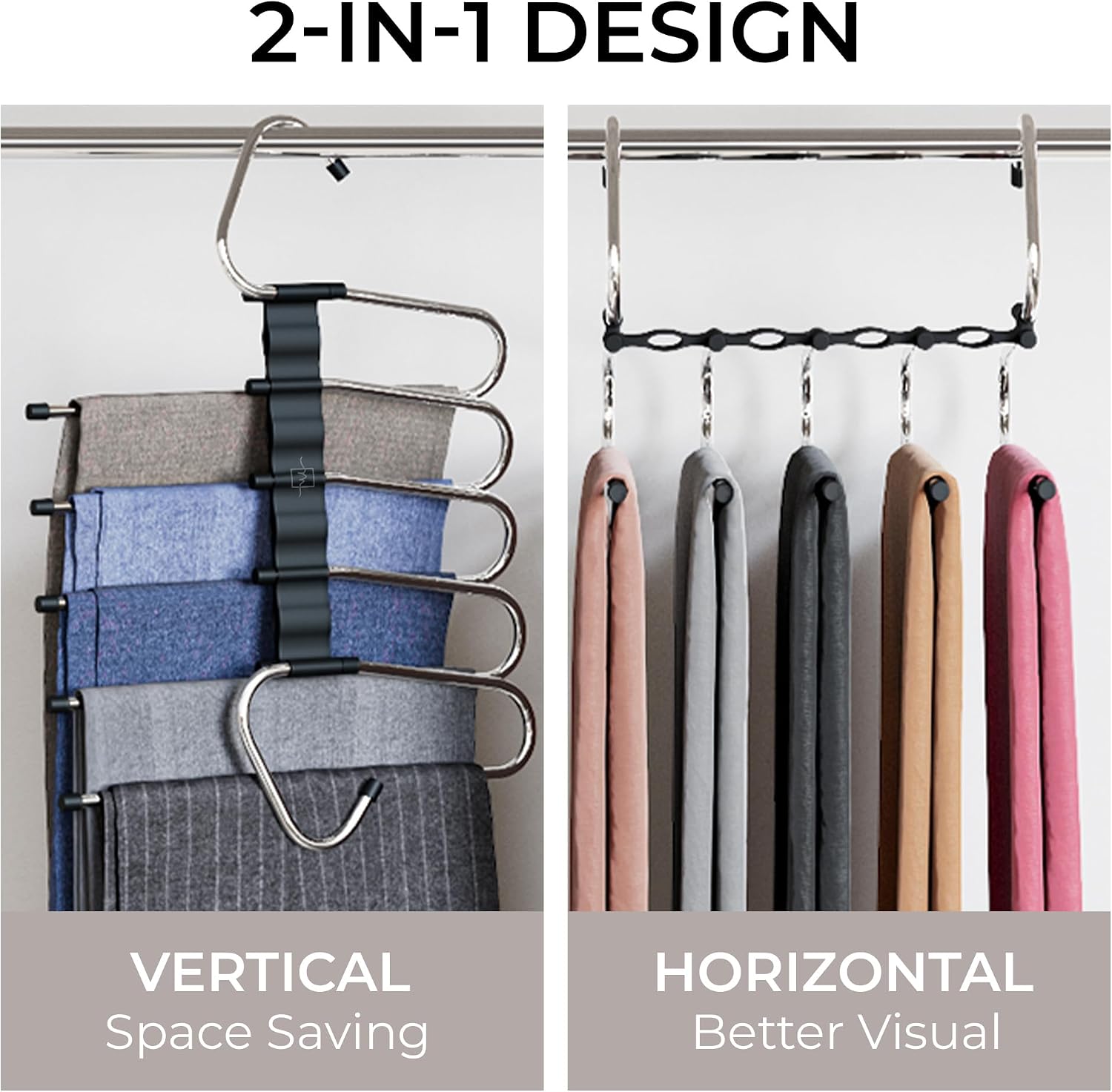 MORALVE Pants Hangers Space Saving - 2 Pack - Non-Slip Multi-Layer - BLACK