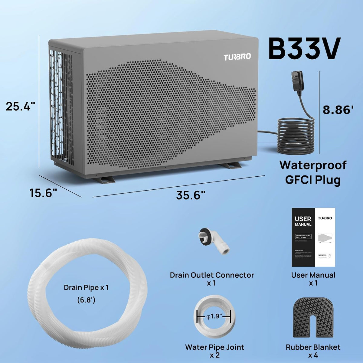 TURBRO 33,000 BTU DC Inverter Swimming Pool Heat Pump, 10,000 Gal Model Beluga B33V