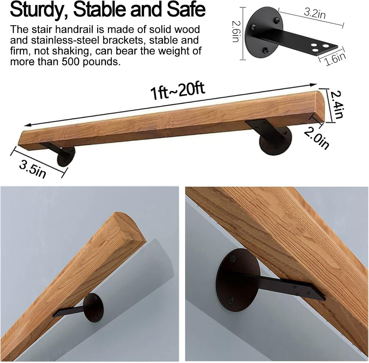Wooden Stair Handrails, Hand Railings for Stairs Indoor Outdoor, 5FT