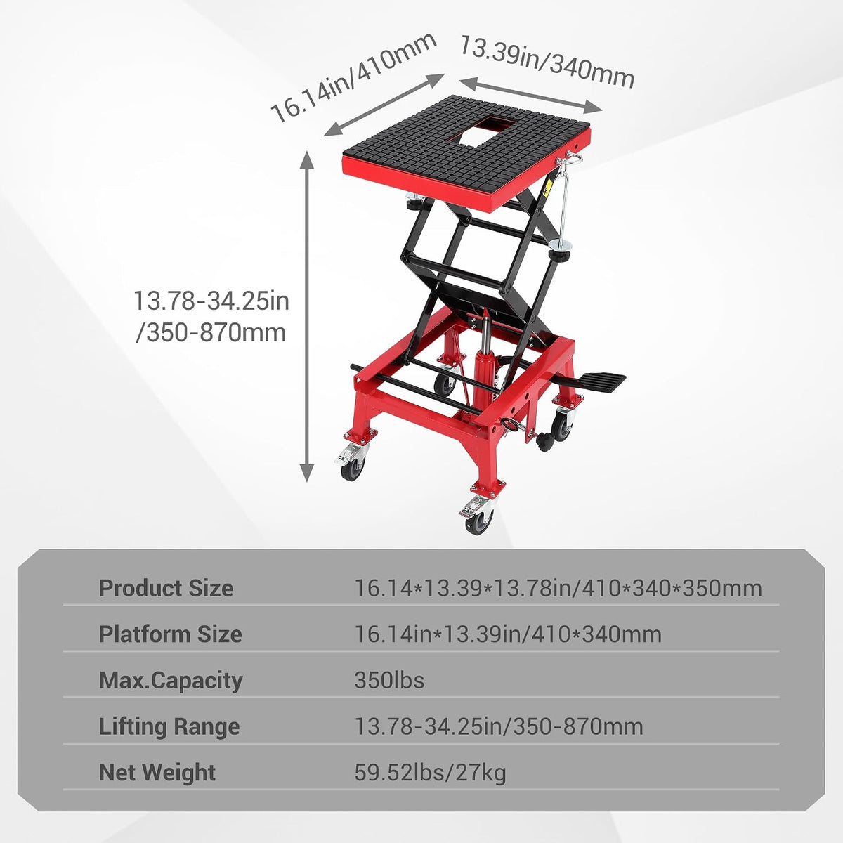 Hydraulic Motorcycle Jack 350LBS Scissor Lift. 13.8"-34.3" Range