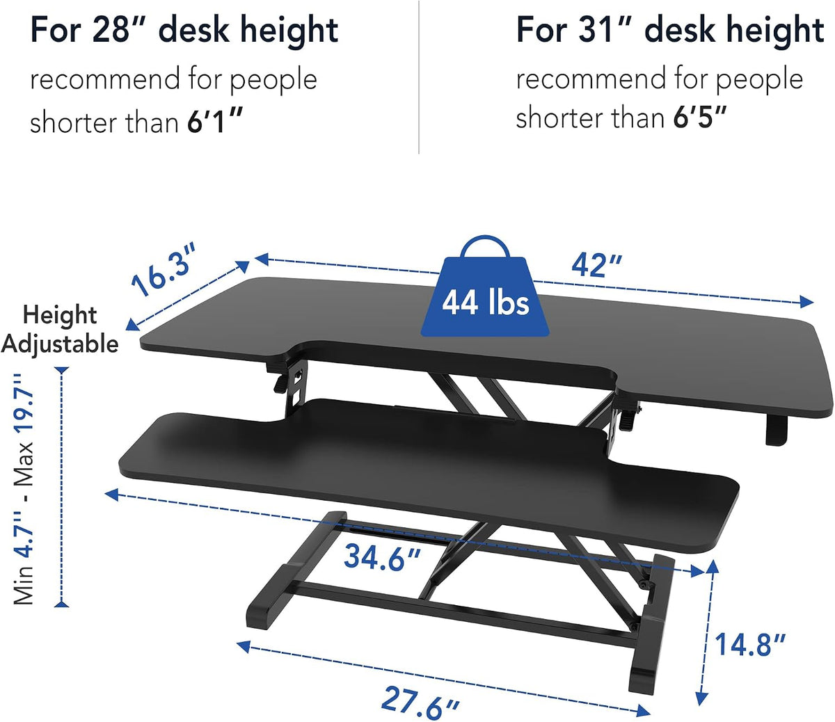 Standing Desk Converter - 42 Inch Height Adjustable Standing Desk Riser, Black FLEXISPOT