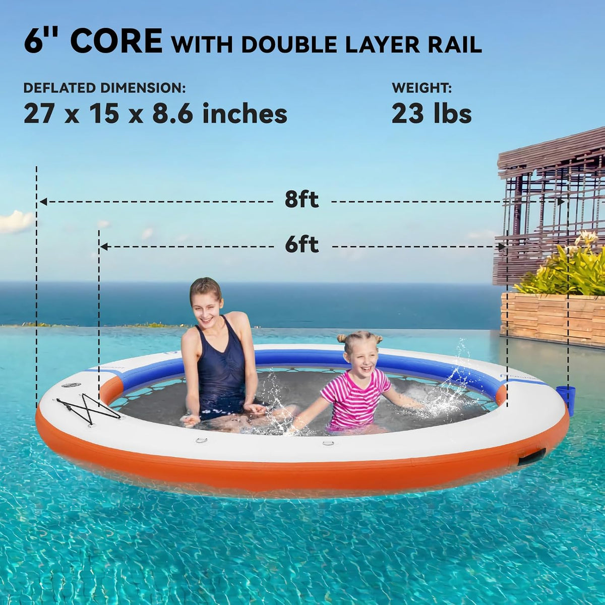 FBSPORTS Inflatable Water Hammock Round Floating Ring, 8ft, Orange.
