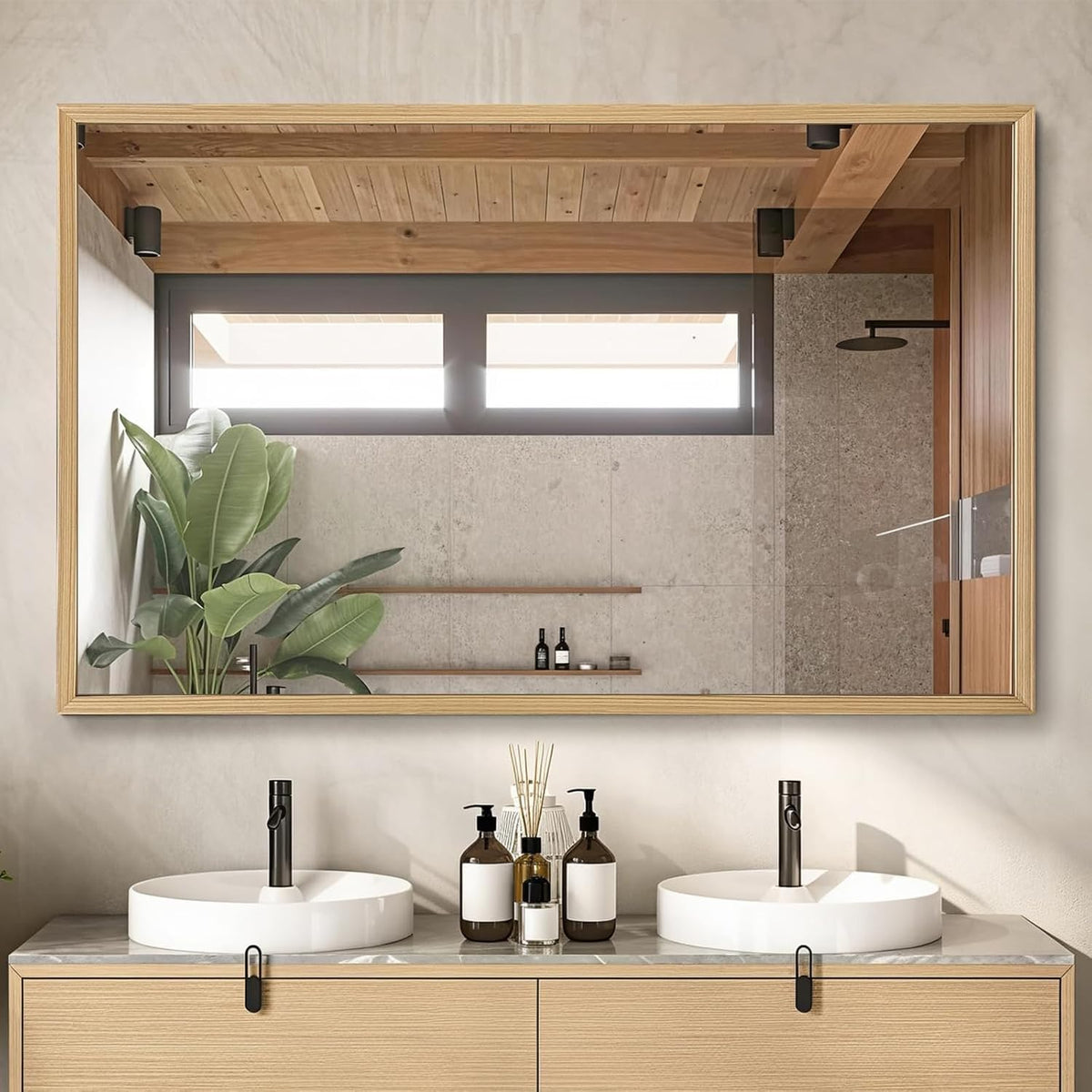 TheiaMo Wood Bathroom Mirror, 48"x30" Solid Wall Mirror for Over Sink