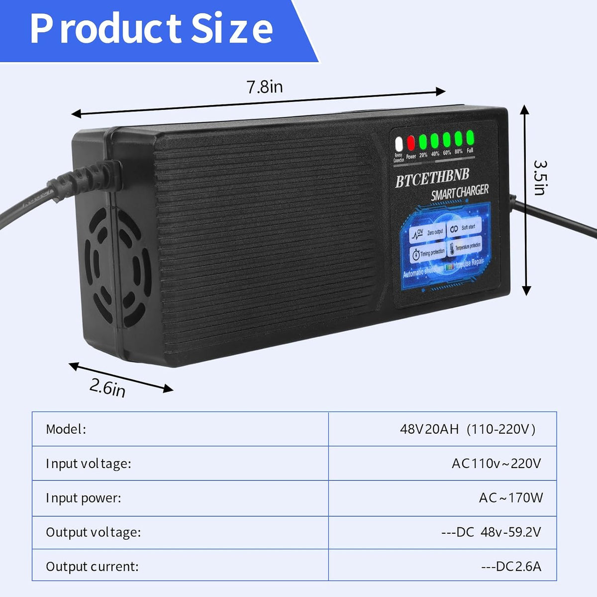 48V20AH Lead Acid Battery Charger Input AC110V-220V Auto Shut Off 3 Holes Plug