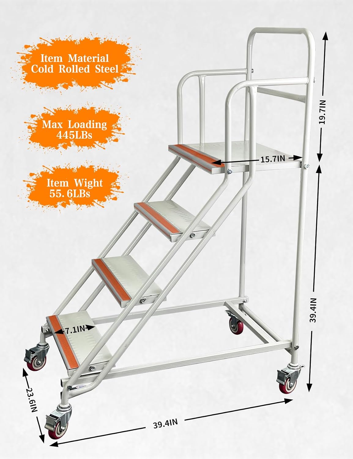 Rolling Industrial & Warehouse 4 Steps Ladder with Wheels, 39.4" Height