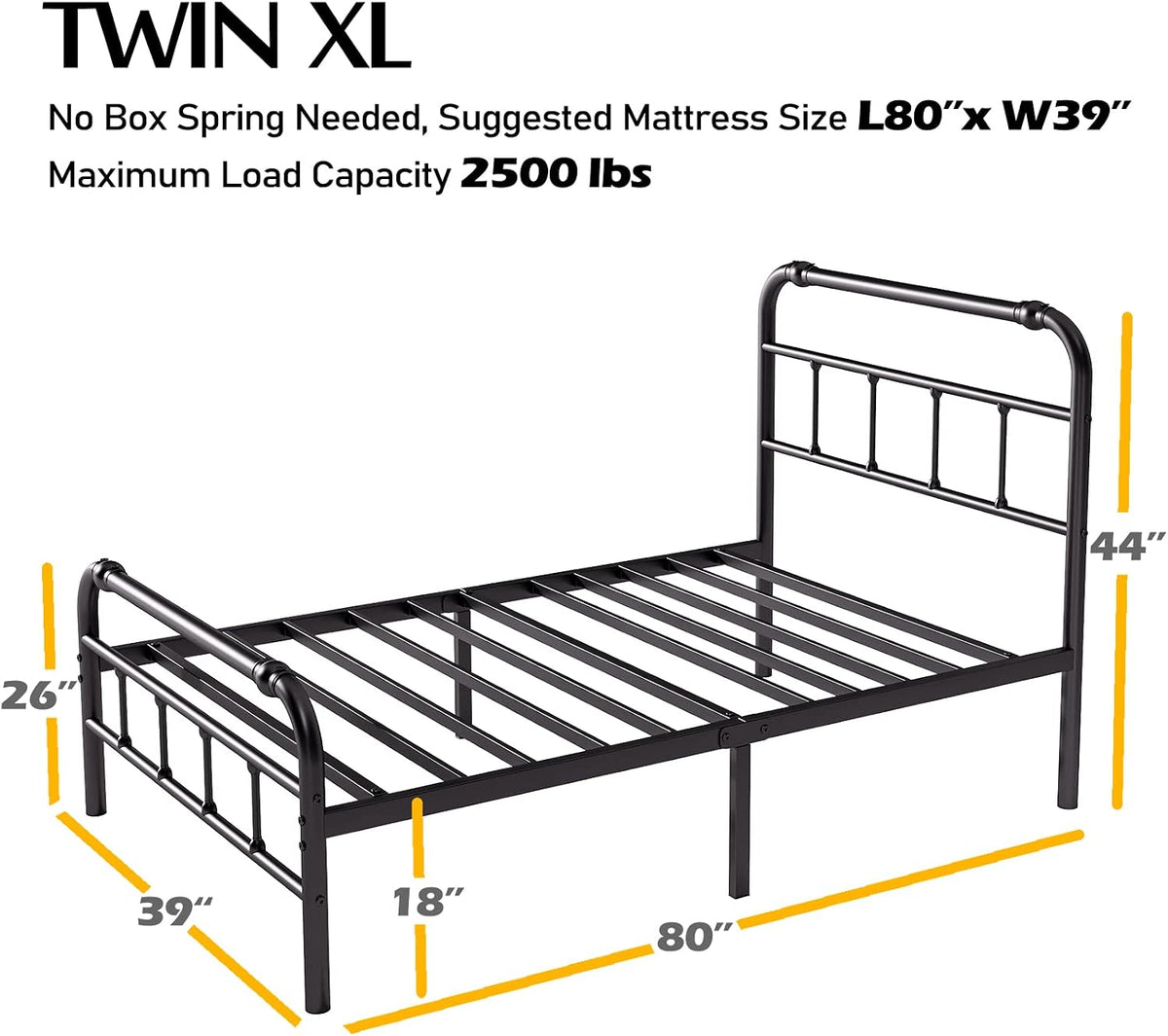 Twin XL Metal Bed Frame, BLACK