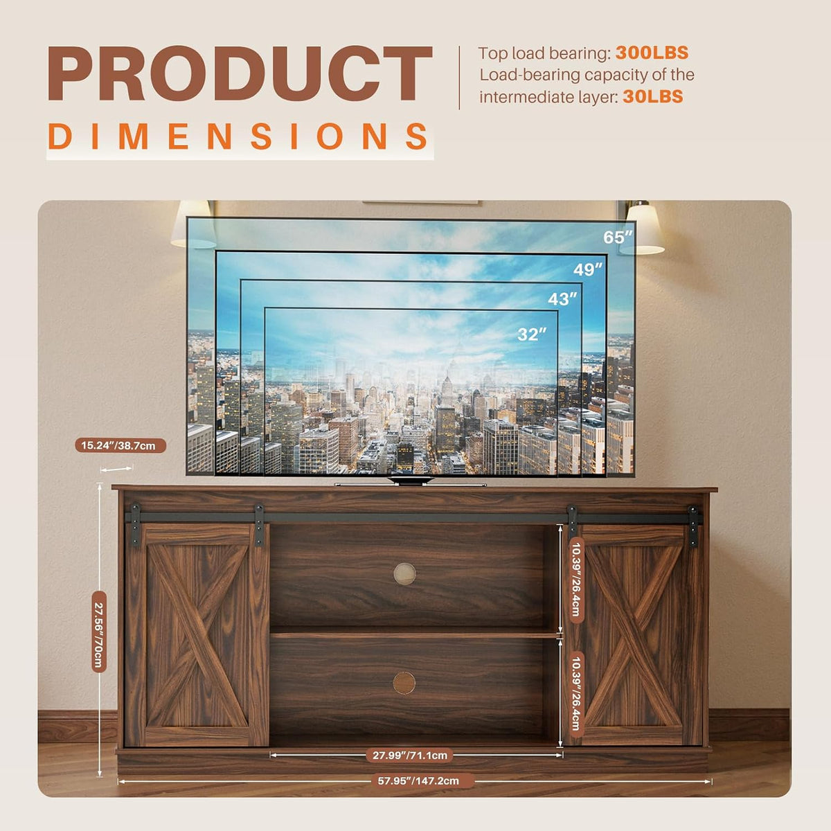 Farmhouse TV Stand 65 Inch for Living Room Bedroom Brown, 300 LBS Capacity