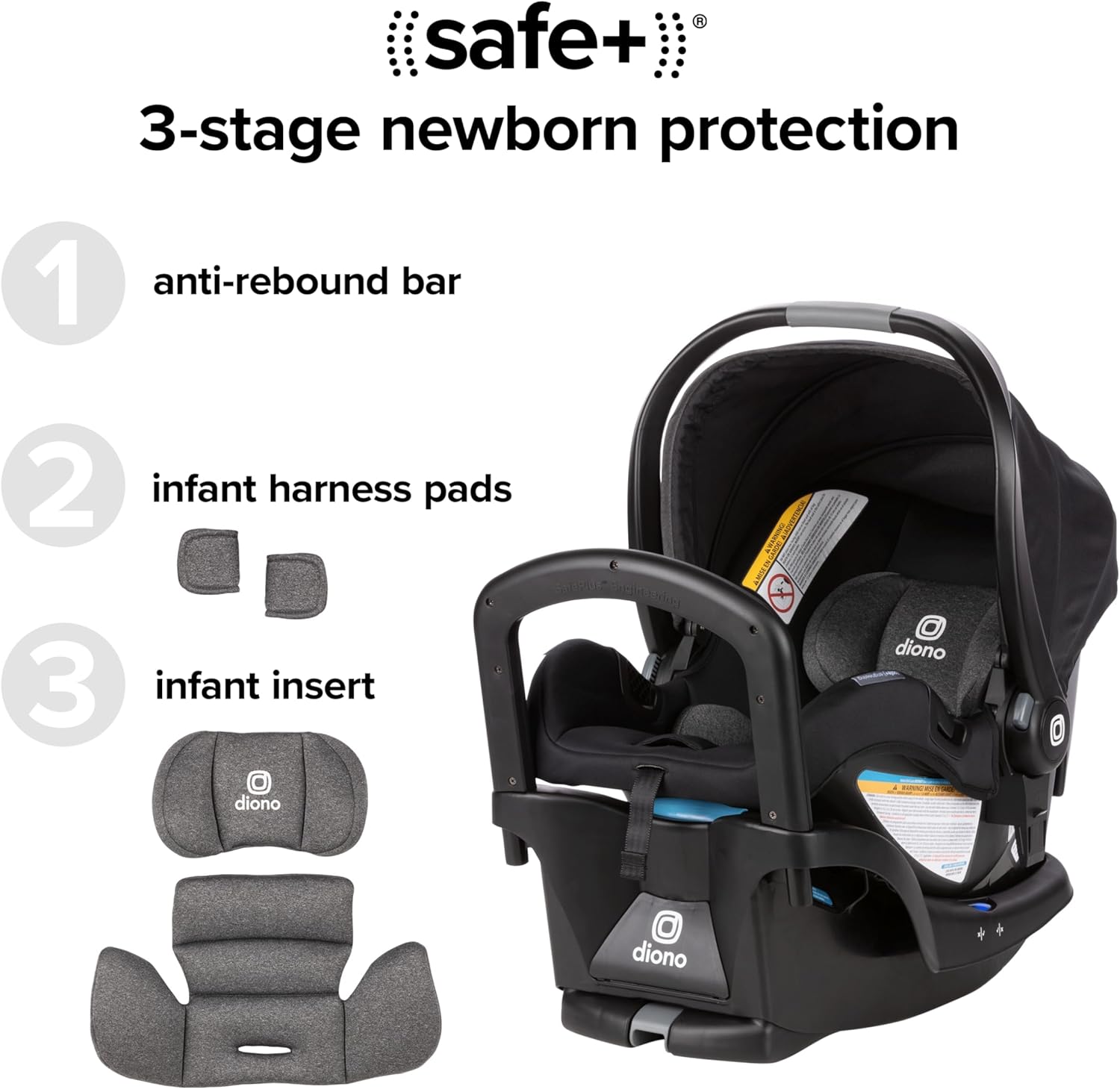 , Rear-FacDiono LiteClik 30 R SafePlus Infant Car Seat and Baseing for Infants 4-30lbs, SafePlus Engineering, with Infant Insert, UPF 50+ Sunshade (Black)