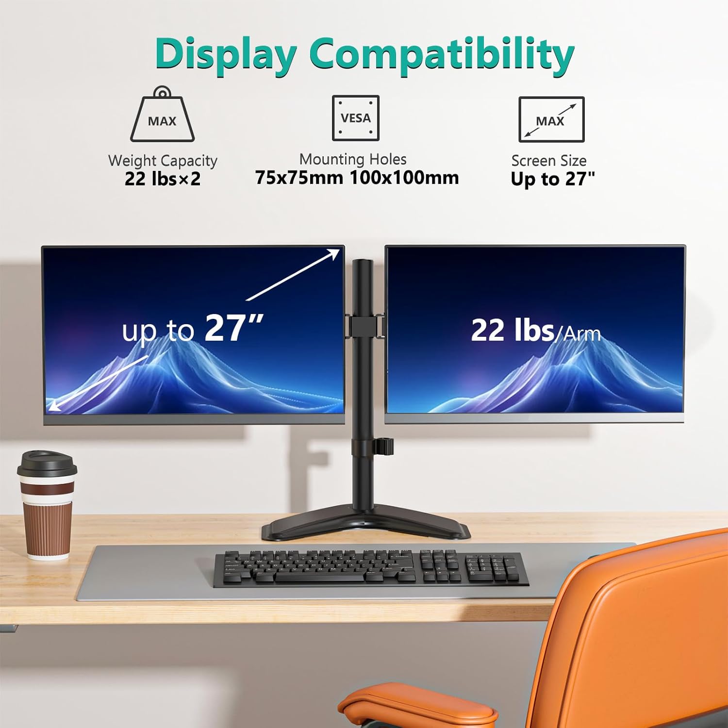 WALI Dual Monitor Arm up to 27 inch, (MF002), Black