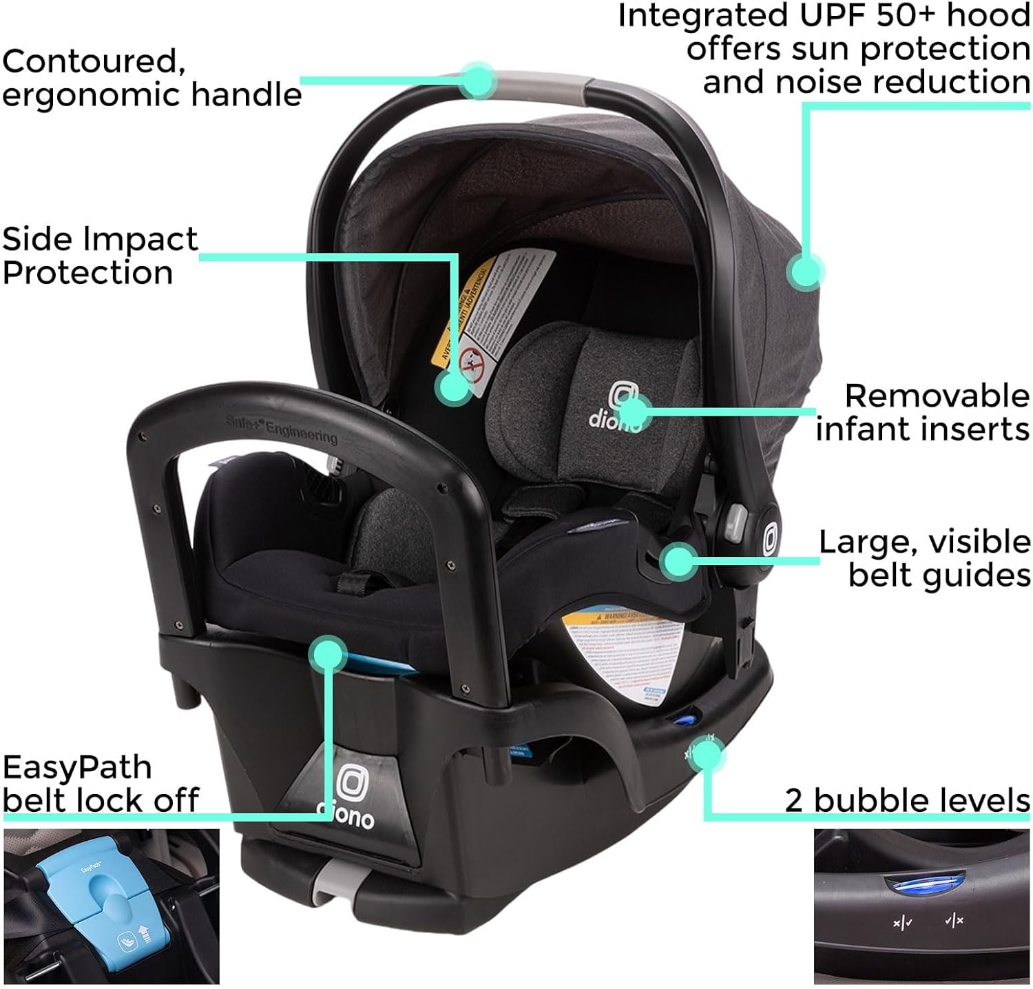 , Rear-FacDiono LiteClik 30 R SafePlus Infant Car Seat and Baseing for Infants 4-30lbs, SafePlus Engineering, with Infant Insert, UPF 50+ Sunshade (Black)